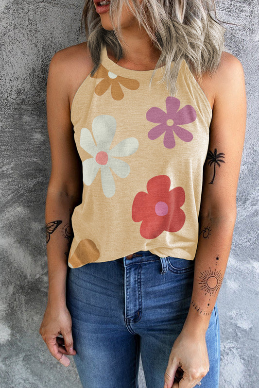 Khaki Flower Print O Neck Summer Tank Top - Eloy Royal