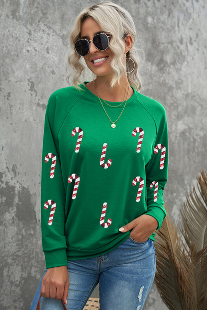 Green Sequin Christmas Candy Cane Graphic Pullover Sweatshirt