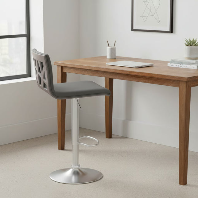Talyris Adjustable Height Swivel Gray Faux Leather and Gray Walnut Bar Stool with Brushed Stainless Steel Base
