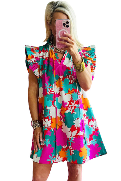 Multicolour Floral Tie Split Neck Flutter Sleeve Mini Dress - Eloy Royal