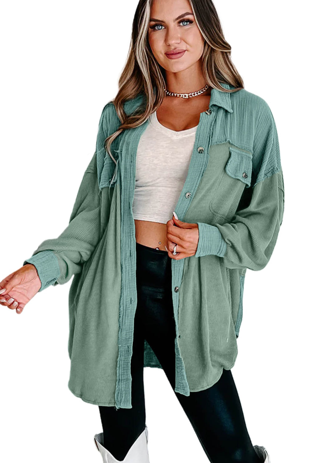 Green Mix Textured Stitching Flap Pocket Tunic Shacket - Eloy Royal