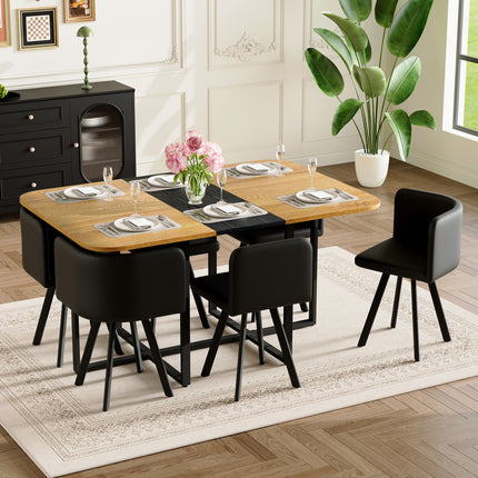 7-Piece Rectangular Dining Table Set, Fixed Two-Tone Wood Grain & Black Triamine Tabletop with 6 Black PU Leather Chairs, Modern Kitchen Table Set for 6 People, Ideal for Small Spaces, Apartment