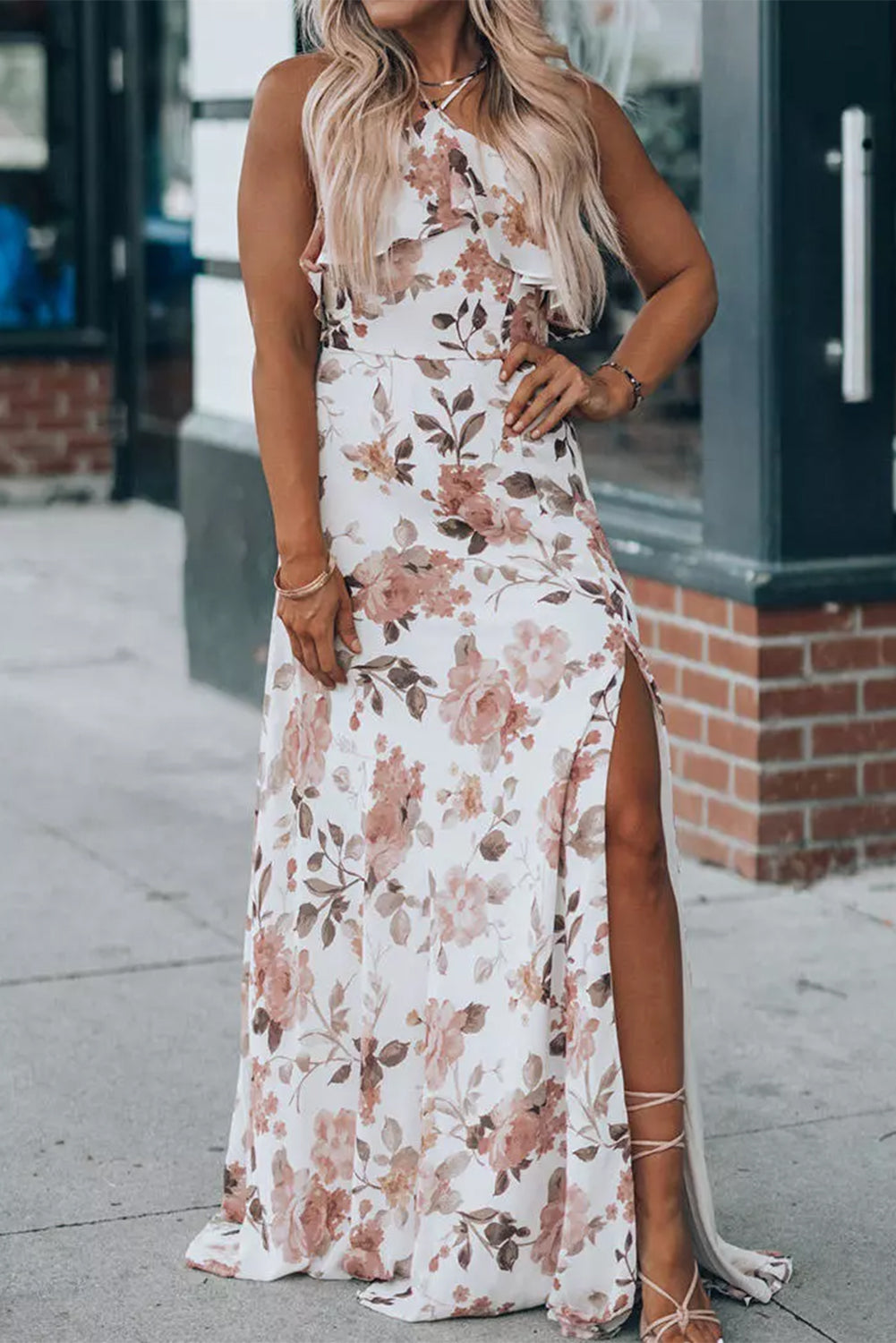 White Floral Slit Ruffled Halterneck Maxi Dress - Eloy Royal