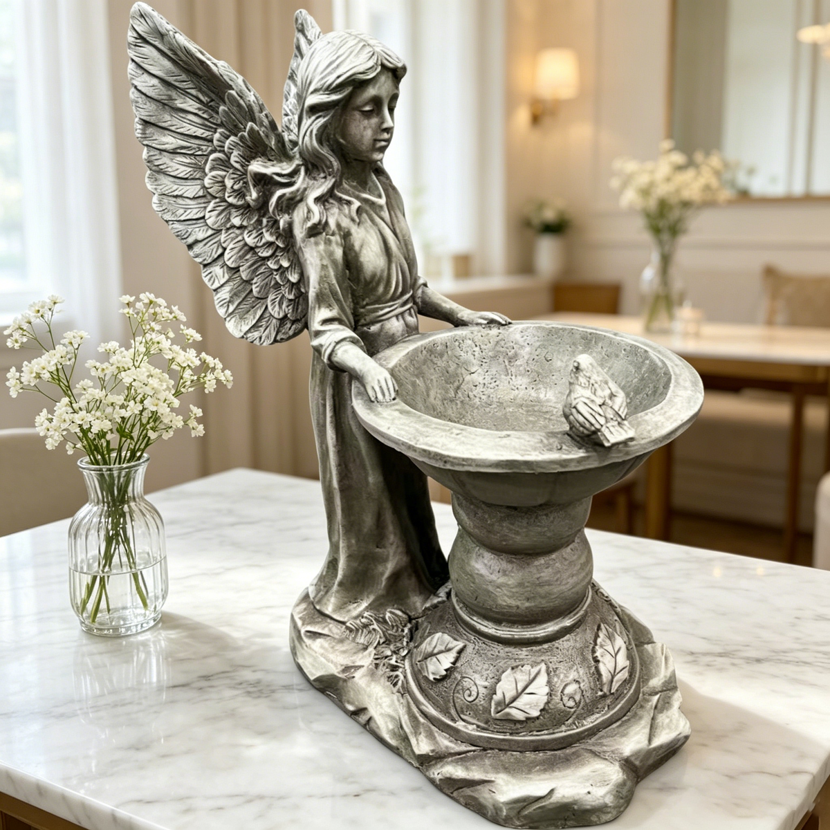 15.35' High Angel Bird Bath Sculpture, 11.61' Wide Resin Garden Angel Statue with Pedestal Bowl, Decorative Bird Feeder & Water Basin for Outdoor Home Decor