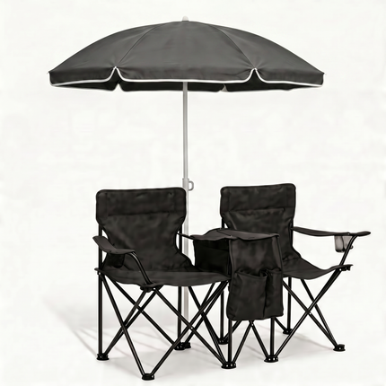 Portable Folding Picnic Chair Set with Umbrella, 2-Person Outdoor Camping Chairs Cup Holders, Foldable Beach Chair Set for Patio, Camping, Backyard, Black