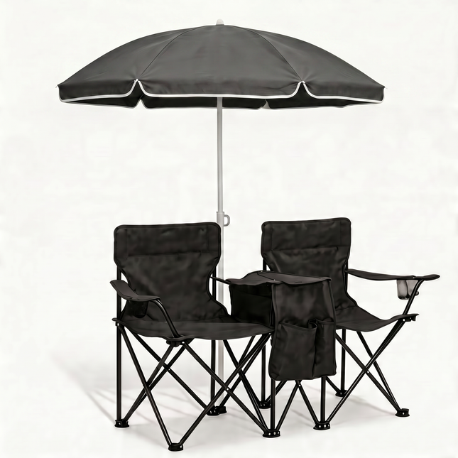 Portable Folding Picnic Chair Set with Umbrella, 2-Person Outdoor Camping Chairs Cup Holders, Foldable Beach Chair Set for Patio, Camping, Backyard, Black