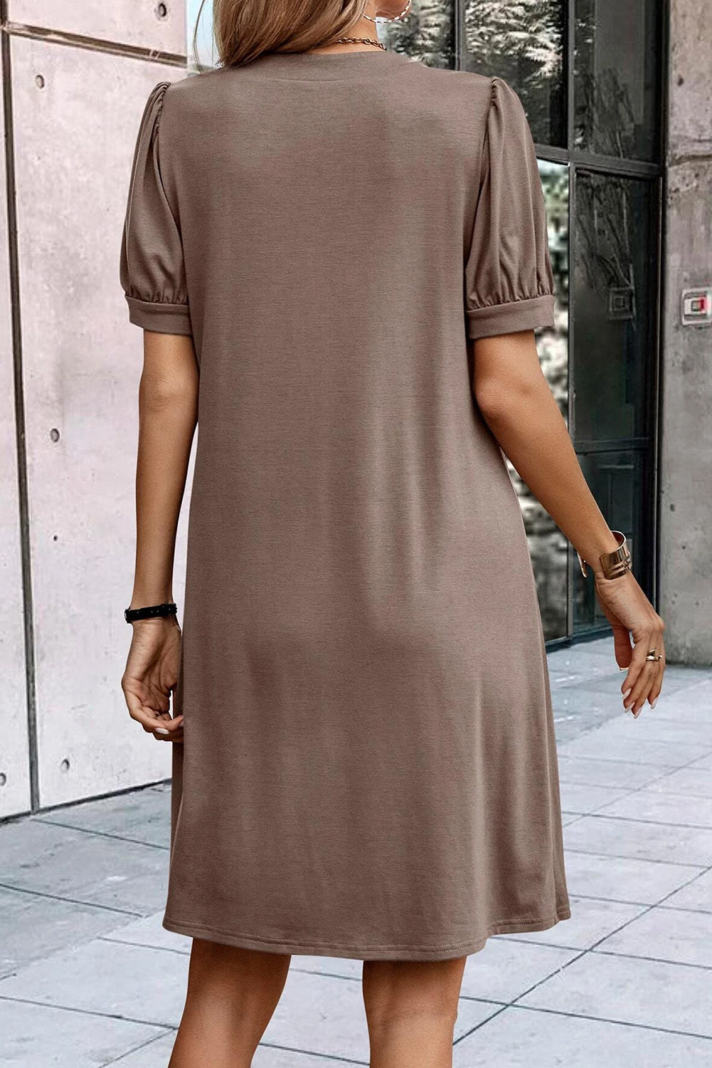 Desert Palm Notched Neck Pleated Puff Sleeve T Shirt Dress - Eloy Royal