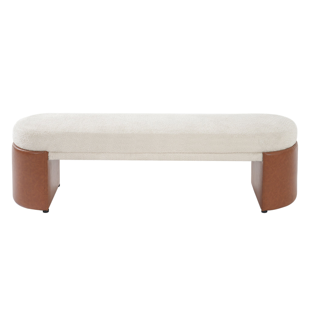 Beige Boucle & Brown PU Upholstered Indoor Dining Bench, Rubber & Plywood Frame, 62.83' L Modern Accent Bench, 250 lbs Capacity