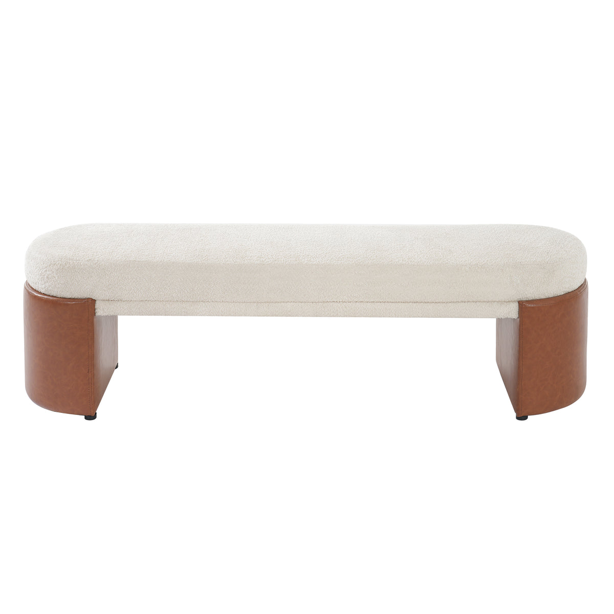 Beige Boucle & Brown PU Upholstered Indoor Dining Bench, Rubber & Plywood Frame, 62.83' L Modern Accent Bench, 250 lbs Capacity