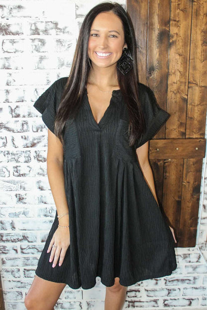 Black Crinkled Short Sleeve V Neck Flowy Dress