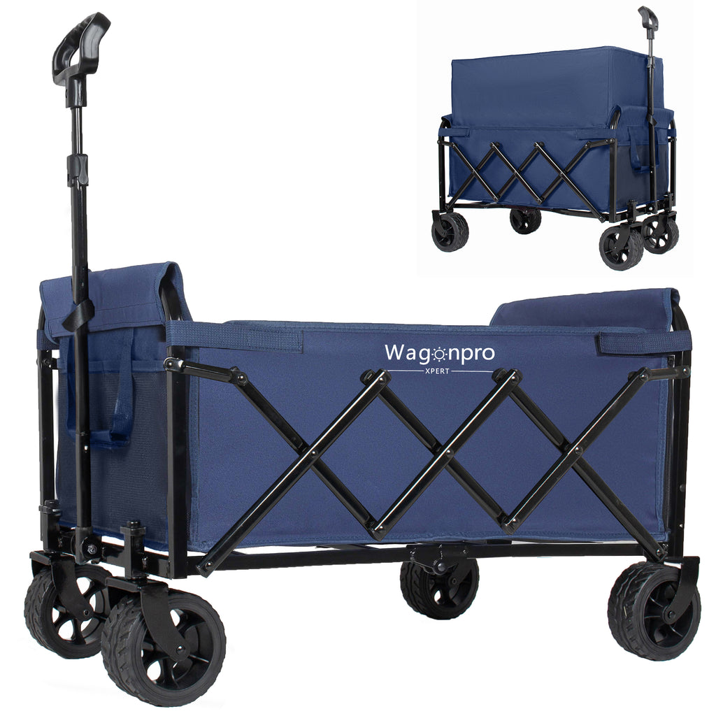 Upgraded 5*2' Wide Wheels-Expandable Dual-Layer Utility Wagon with 100% Extra Space, 220lbs Capacity Grocery Cart for Camping, Shopping, Sports, Gardening, Fishing, Dark Blue