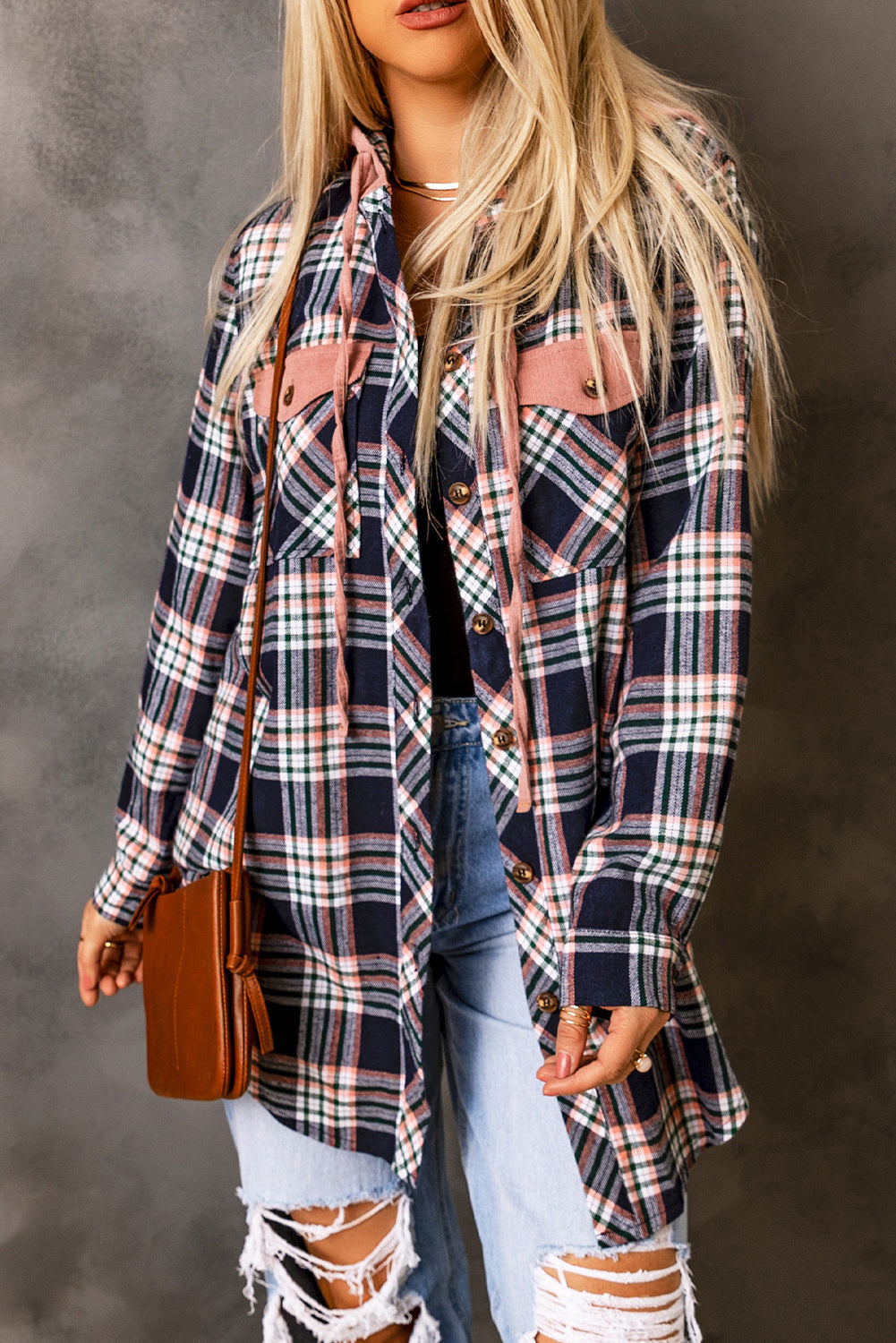 Wholesale Pink Plaid Contrast Hooded Drawstring Shacket - Eloy Royal