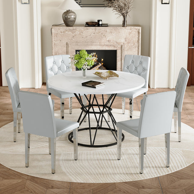 Table and chair set. A circular white MDF dining table with a diameter of 47.3 inches,black hourglass shaped metal brackets.Paired with 6 light gray PU dining chairs: ergonomic buckle backrest.