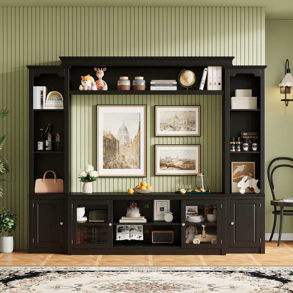 All-in-One Modern TV Stand with Bookcase for TVs Up to 65-inch, Entertainment Center with 4 Adjustable Shelves,Tempered Glass Doors, Display Storage Cabinet, Ample Storage Space TV Stand