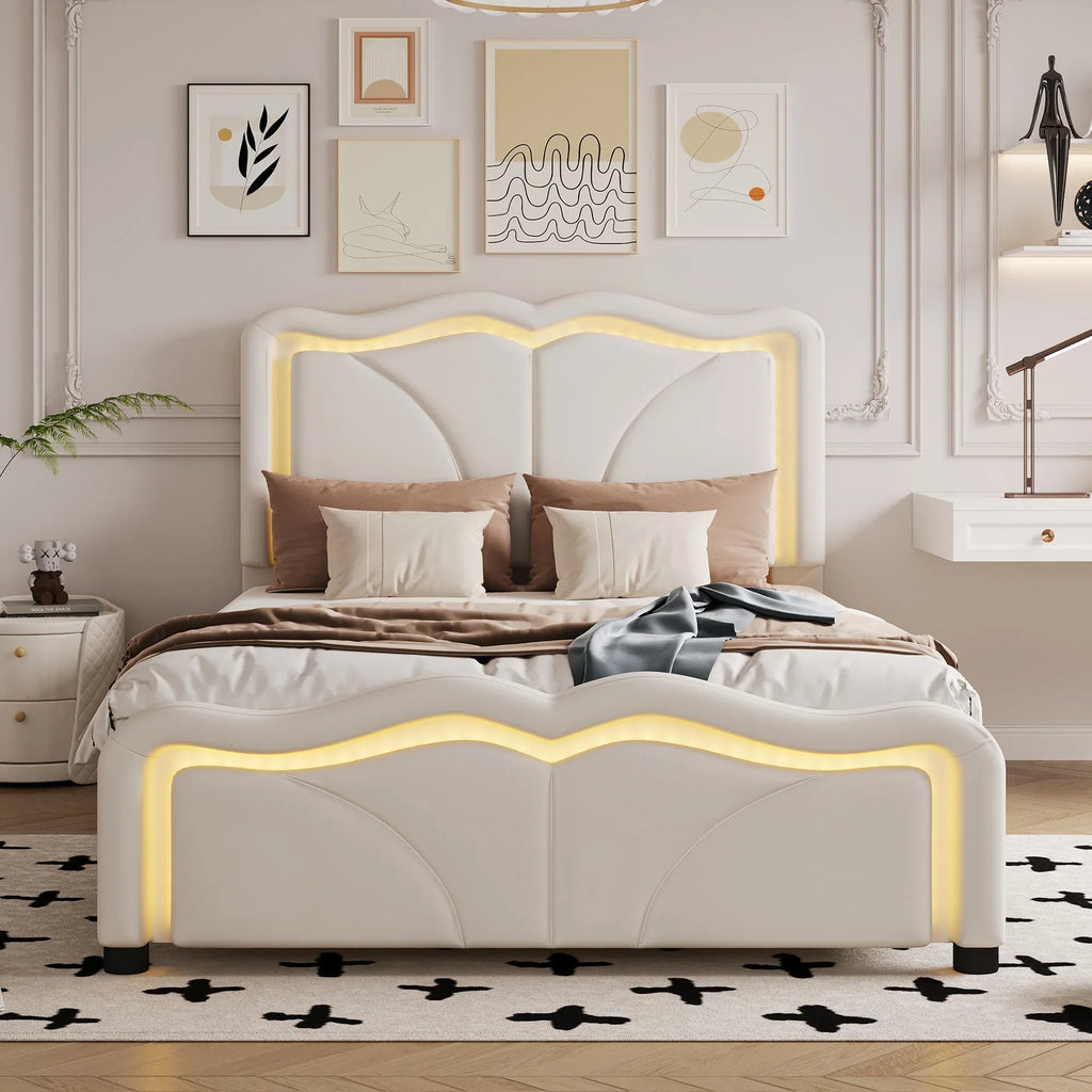 Twin Size Upholstered Platform Bed with Curved Adjustable Headboard and LED Lights, White, Pine Wood MDF PU - Eloy Royal