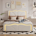 Twin Size Upholstered Platform Bed with Curved Adjustable Headboard and LED Lights, White, Pine Wood MDF PU - Eloy Royal