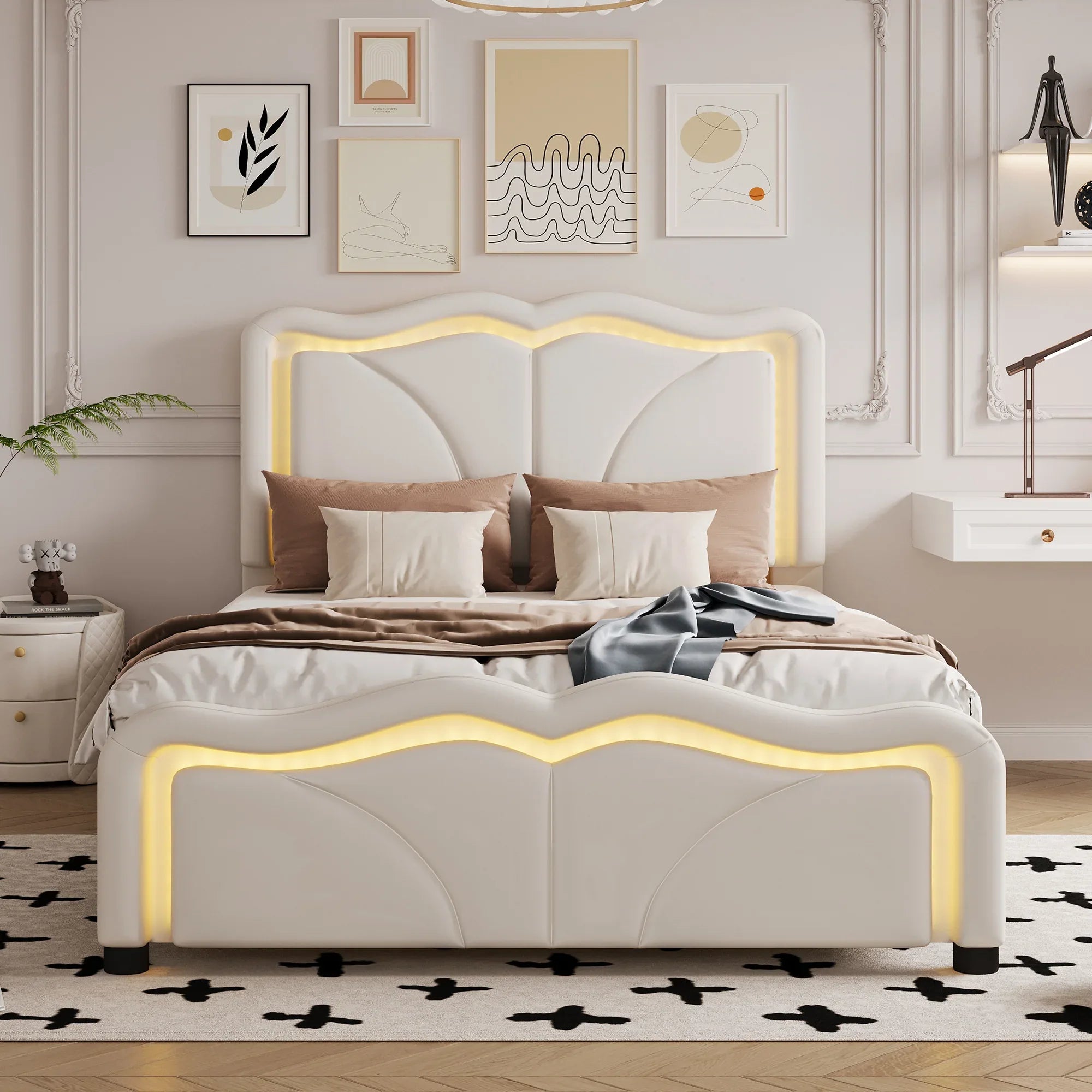 Twin Size Upholstered Platform Bed with Curved Adjustable Headboard and LED Lights, White, Pine Wood MDF PU - Eloy Royal