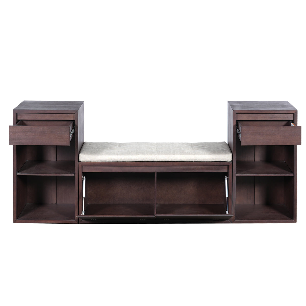 TREXM All-in-One Entryway Storage Bench with Cushion, Compartments, Drawers & Open Shelves in Espresso, Solid Wood Construction, 77.48''L x 14.02''W x 31.50''H