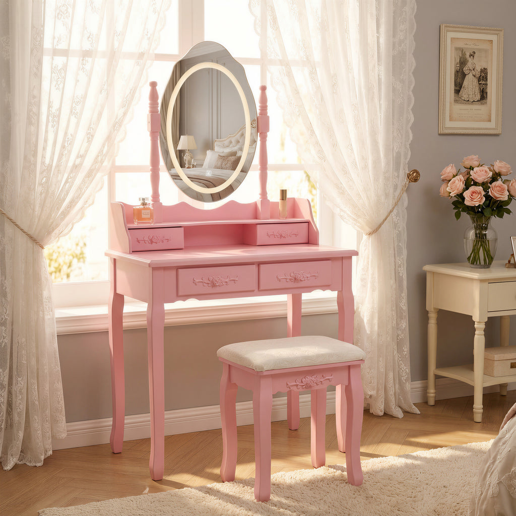 Pink Princess Vanity Desk Set with Mirror & Cushioned Stool,Light Modes,4-Drawer Wooden Makeup Vanity Table for Girls' Bedroom, Dressing Table with Ample Storage