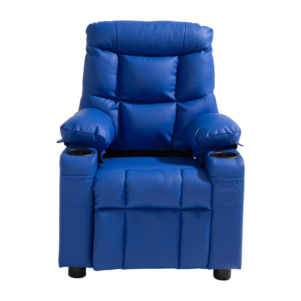 Kids Reclining Chair, Toddler Recliner with 2 Cup Holders and 4 Pockets, 107° to 126° Adjustable Back, Easy-to-Clean PU Leather Recliner Couch with Footrest, for Boys, Girls & Children (Blue)