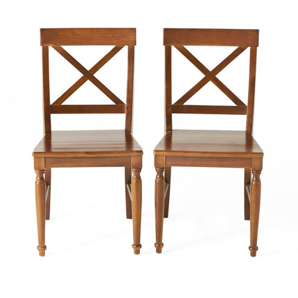 Acacia Wood Dining Chair with X-Shaped Back, Set of 2, Dark Oak