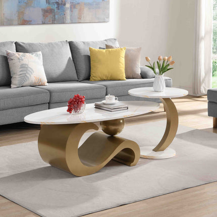 Modern Nesting Coffee Table Set of 2 End Table for Living Room, Oval and Round Table Set, Table Base
