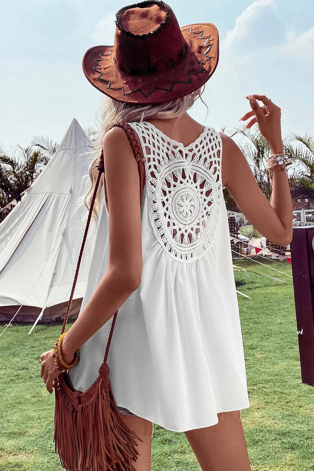 White Bohemian Crochet Sleeveless Tunic Top - Eloy Royal