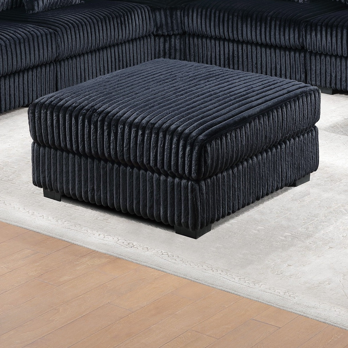 Black Fur-Like Corduroy 1pc Ottoman Fabric Upholstered Living Room Furniture Cozy Contemporary Style