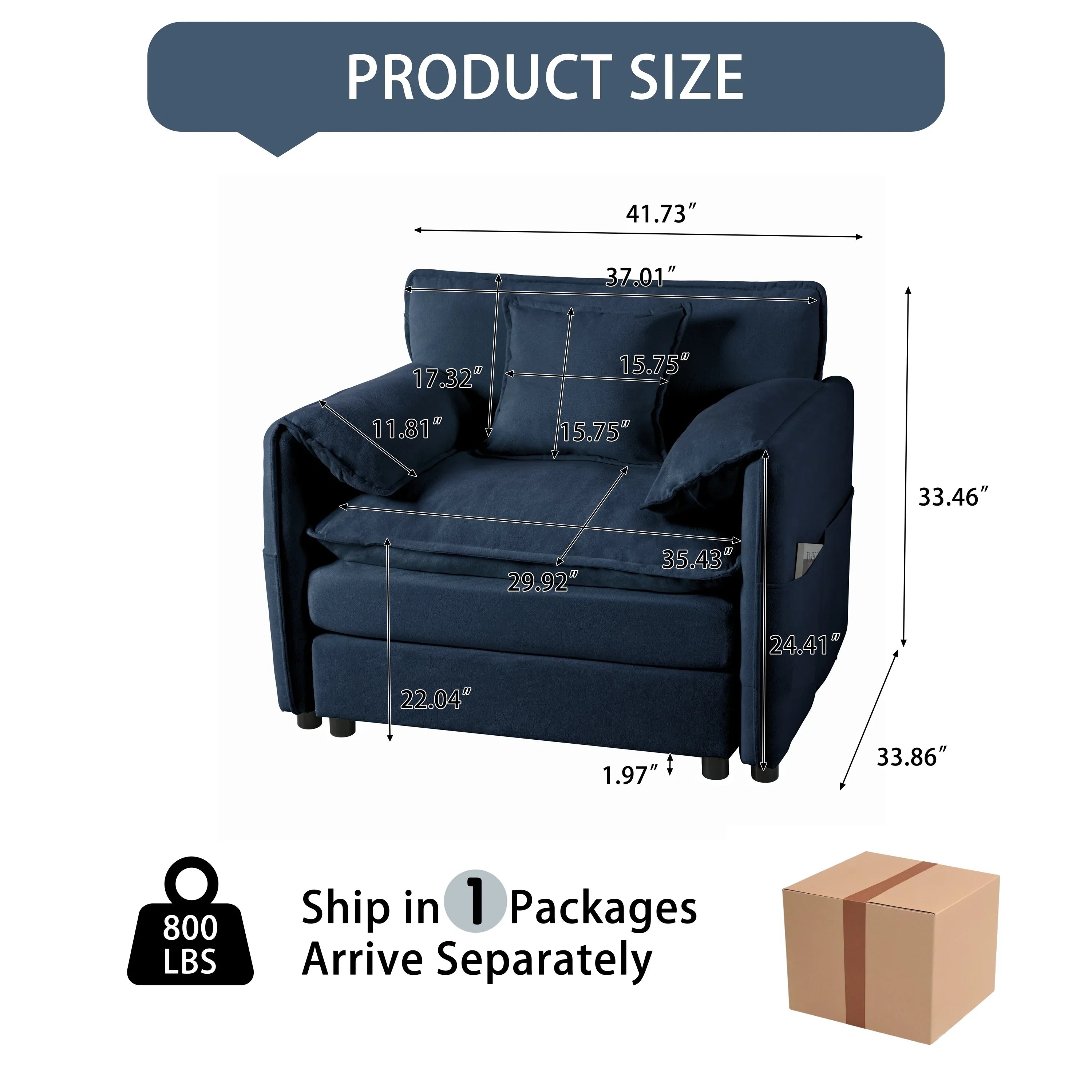 (Old:W3163P269205) Oversized 41.73' Chenille Armchair with 1 Toss Pillow, Modern Modular Reading Chair for Living Room or Bedroom, Deep-Seat DIY Sectional Sofa,Chenille,Blue - Eloy Royal