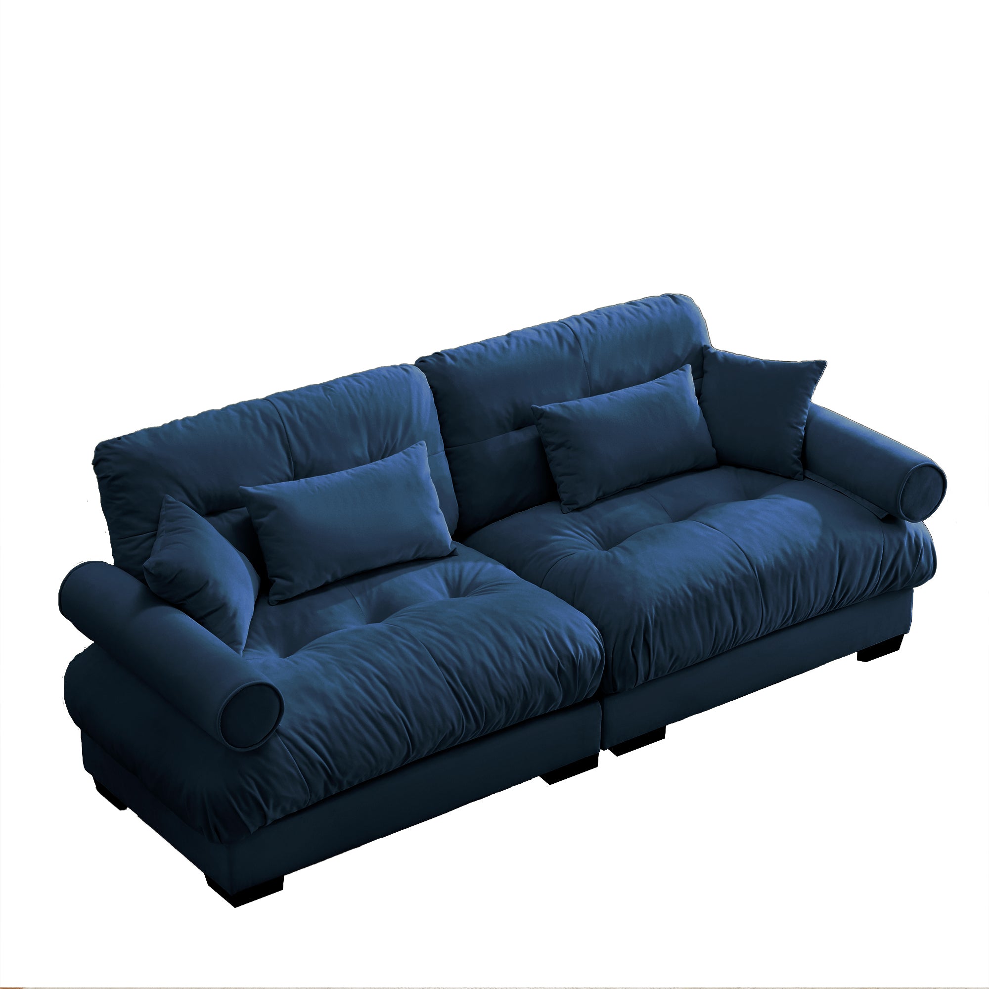 Modern Velvet Two-Seater Sofa with Bolstered Armrests and Pillows, Blue, Large Size