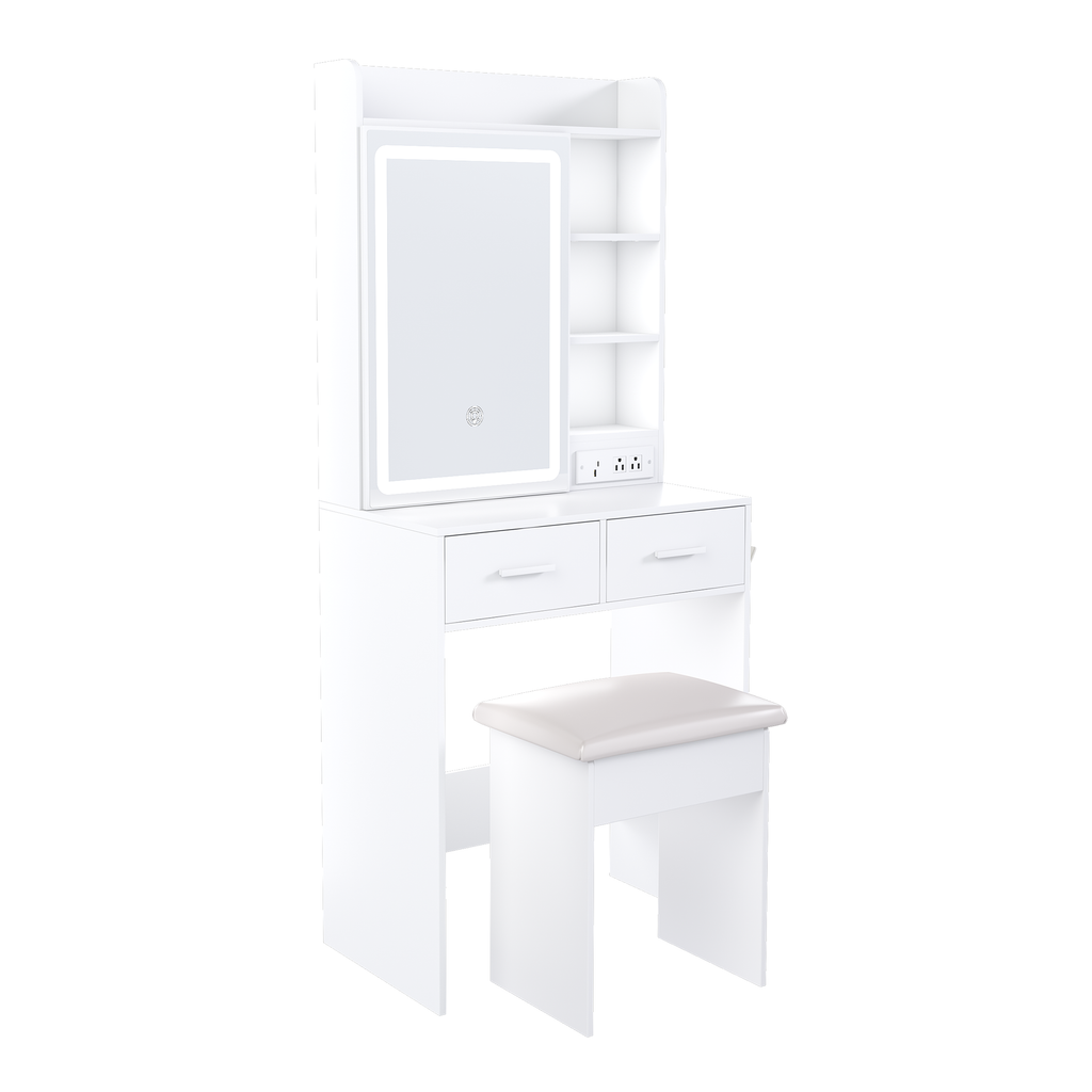 Space-Saving White Makeup Vanity Desk with Mirror & Adjustable LED Lights, Built-in Power Outlet, Hidden Storage, Includes Stool & Shelf