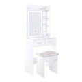Space-Saving White Makeup Vanity Desk with Mirror & Adjustable LED Lights, Built-in Power Outlet, Hidden Storage, Includes Stool & Shelf