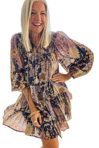 Purple Boho Floral Print Puff Sleeve Flowy Mini Dress - Eloy Royal