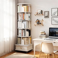 6 Tier Rotating Bookshelf, 360° Display Round Spinning Bookshelf with Wheels and Drawer, Space-Saving, Small Space Rotating Bookshelf Tower for Bedroom, Living Room, Home, Office, Warm White