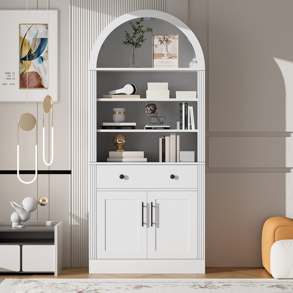 Arched Bookshelf with Storage Cabinet,Tall Display Bookcase with Drawer Doors and Adjustable Shelves,Freestanding Kitchen Pantry Cabinet for Living Room,Home Office,Bathroom,White