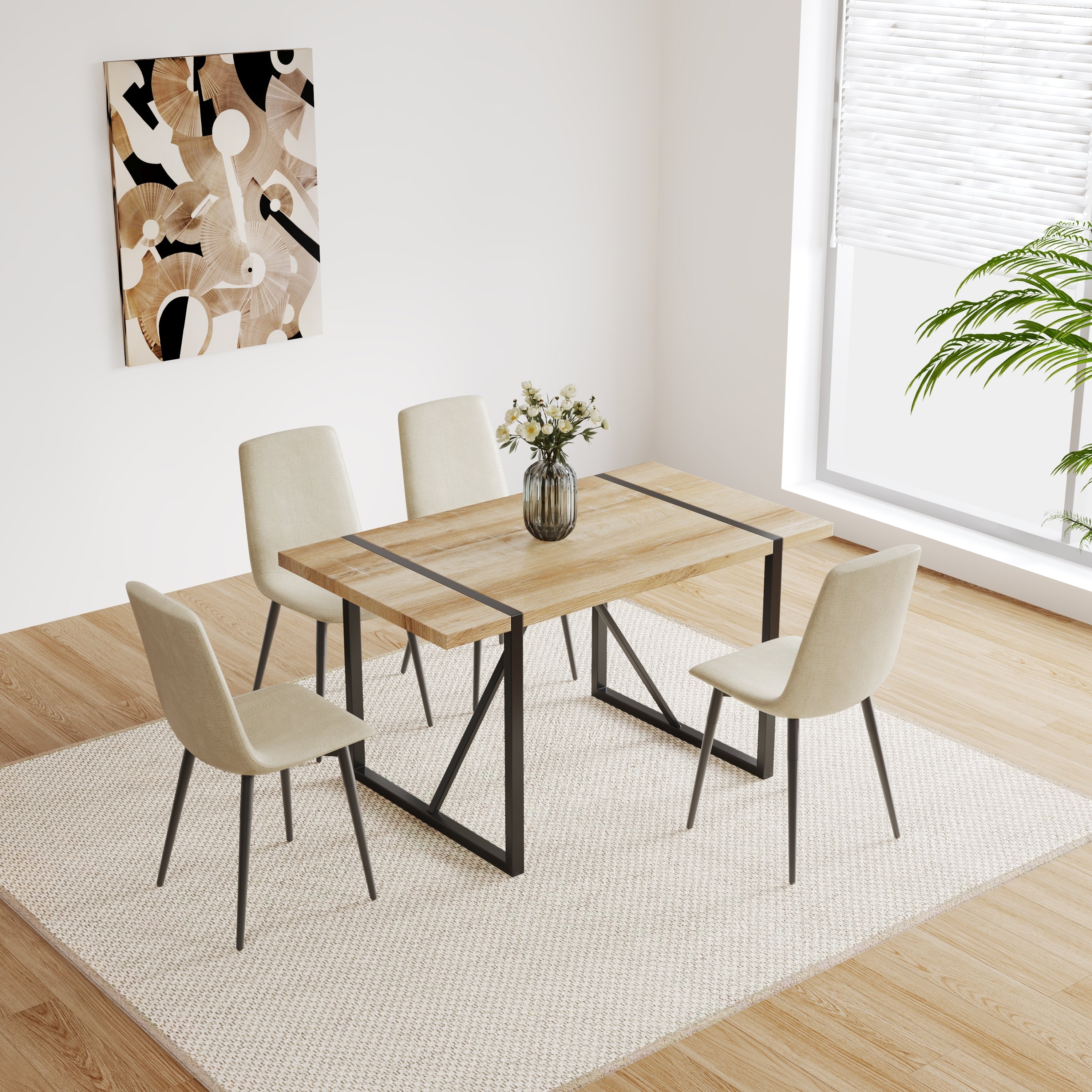 55' MDF Wood Colour Dining Table and Modern Dining Chair Set of 4, Mid Century Wooden Kitchen Table Set, Metal Base & Legs, Dining Room Table and Linen Chairs