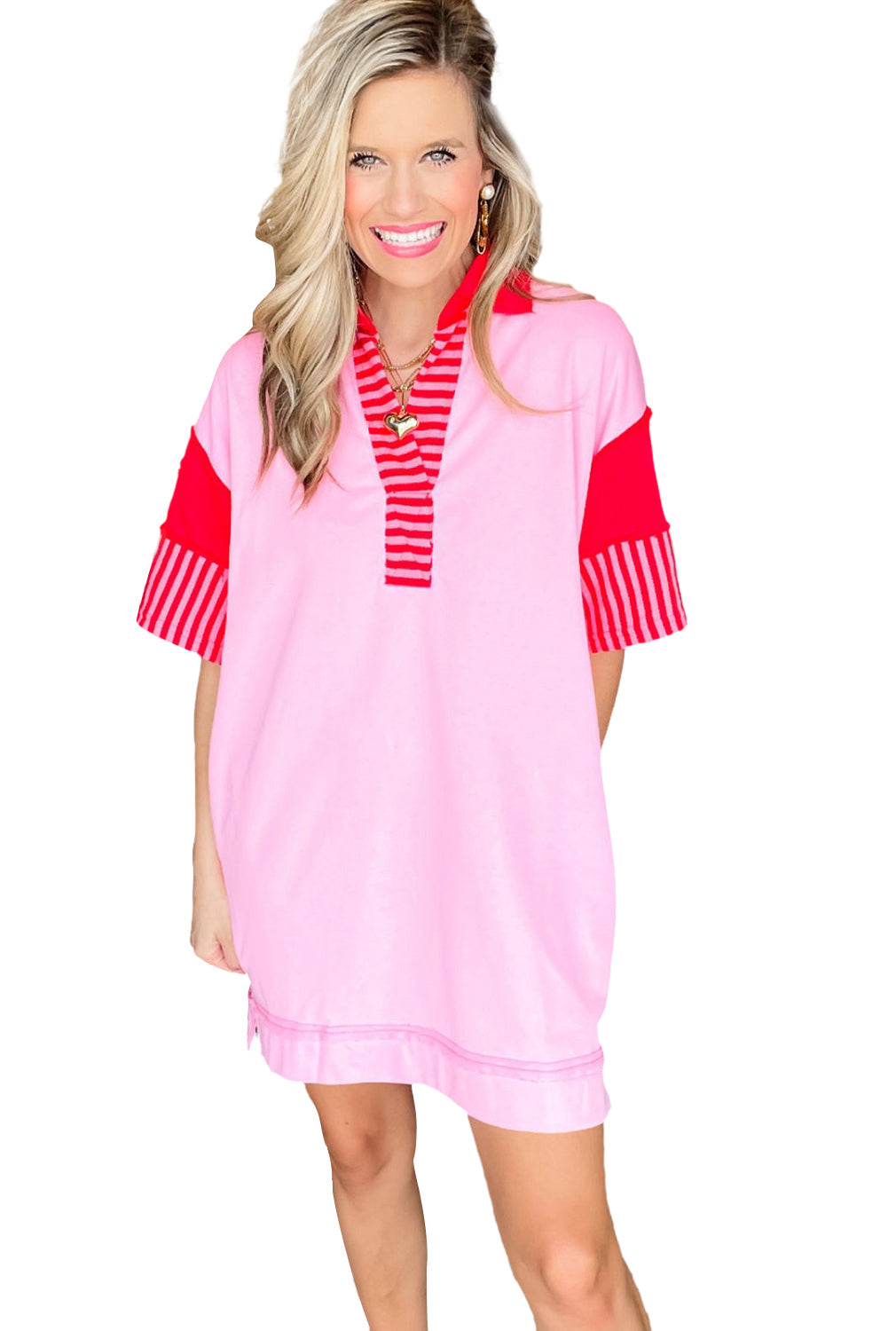 Pink Stripe Colorblock Sleeve Collared Mini Dress - Eloy Royal