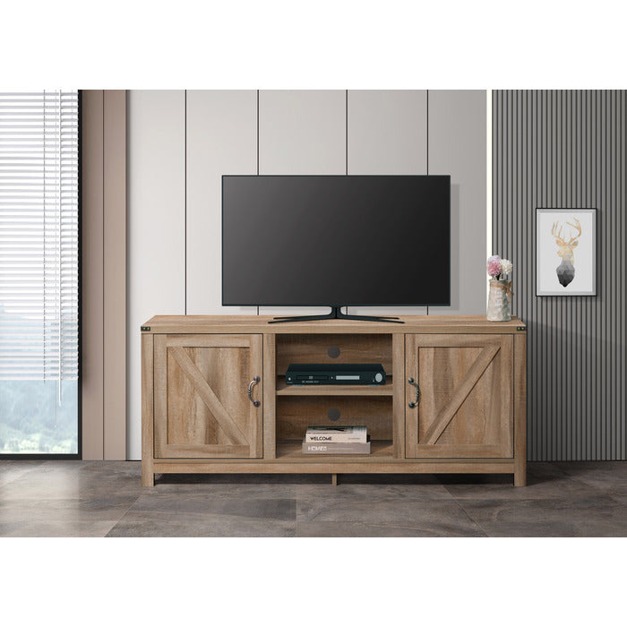 Farmhouse Style 59 in. Wood TV Stand Media Console with Paper Lamination, 2 Shelves, 2 Cabinet Entertainment Unit for TVs up to 55'-65', Rustic Oak