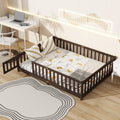 Full Size Floor Bed with Fence and Door,Rubber Wood Floor Bed with Safety Guardrails,Espresso