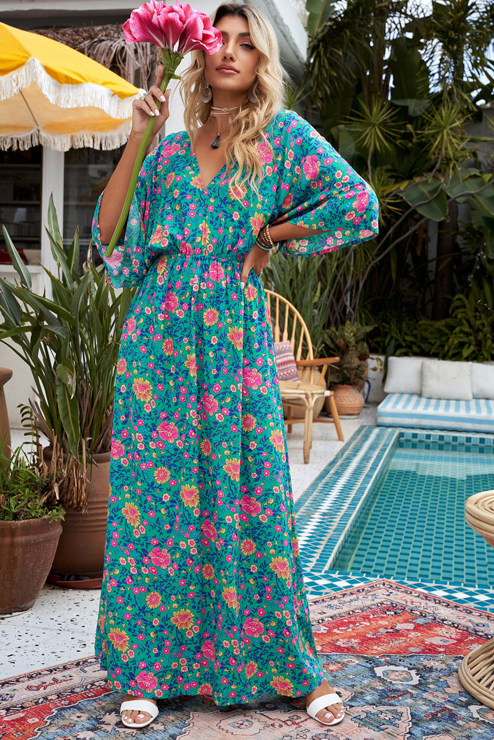 Floral Print Deep V Neck Flutter Sleeve Boho Maxi Dress - Eloy Royal