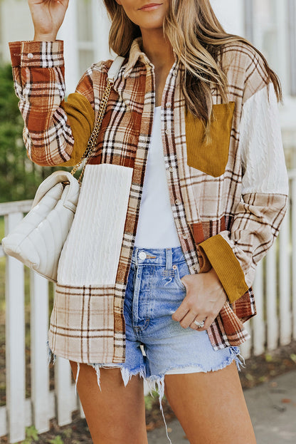 Orange Plaid Color Block Patchwork Pocket Shirt Shacket - Eloy Royal