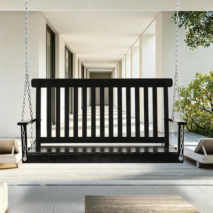 Black 2-Seater Hanging Porch Swing Outdoor Patio Swing Chair Seat with Slatted Build and Chains, 440lbs Weight Capacity