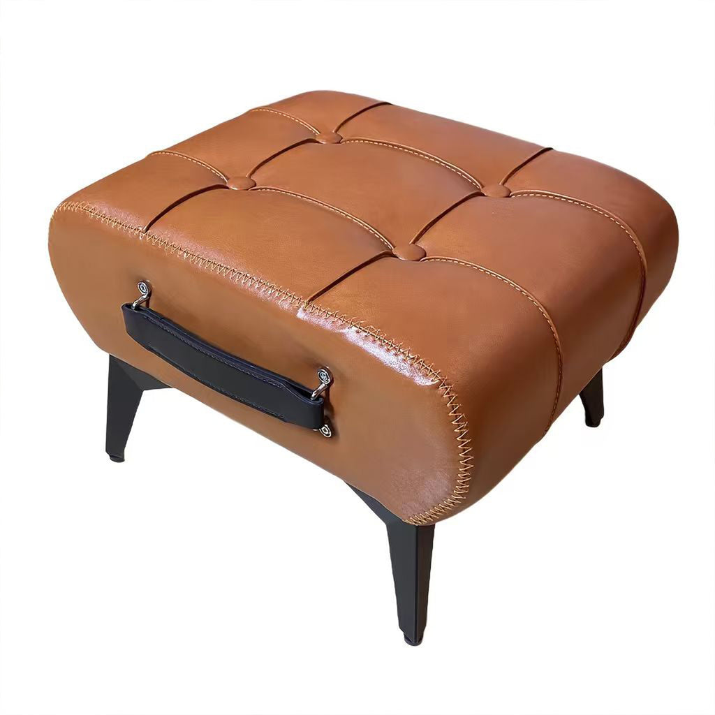 Modern Minimalist Square Footstool with Hidden Storage, Leather Finish in Orange, Metal Legs, Portable Handles, Compact Size for Living Room