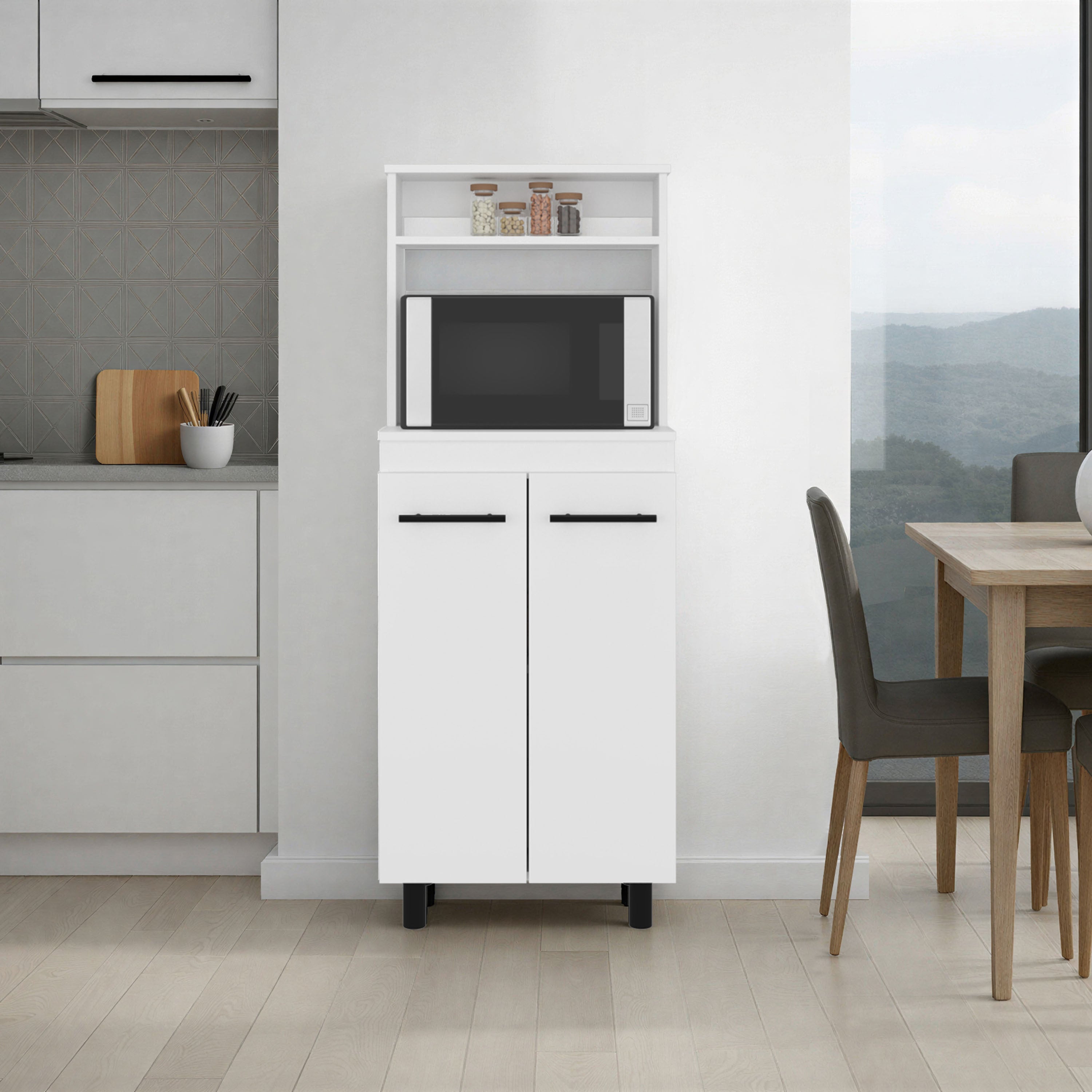 Alani Freestanding Kitchen Sideboard and Microwave Stand with 2-Door Cabinet with Interior Storage Shelves, One Upper Shelf and Compact Countertop