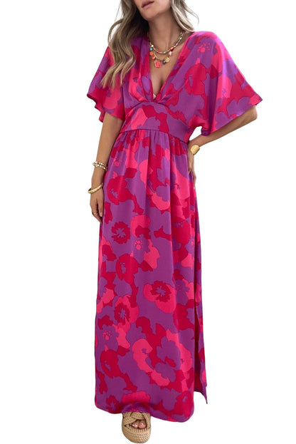 Rose Abstract Floral Print V Neck Split Maxi Dress - Eloy Royal