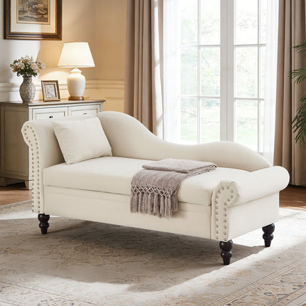 64.5'' Modern Velvet Chaise Lounge,Lounge Sofa with Storage for Bedroom, Living Room and Office , Lounge Chair with Left Armrest & Lumbar Pillow,Round Armrest with Silver Nails Decoration,Beige
