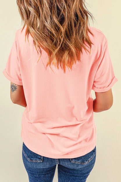 Pink Floral Pumpkin Print Crew Neck Casual T Shirt