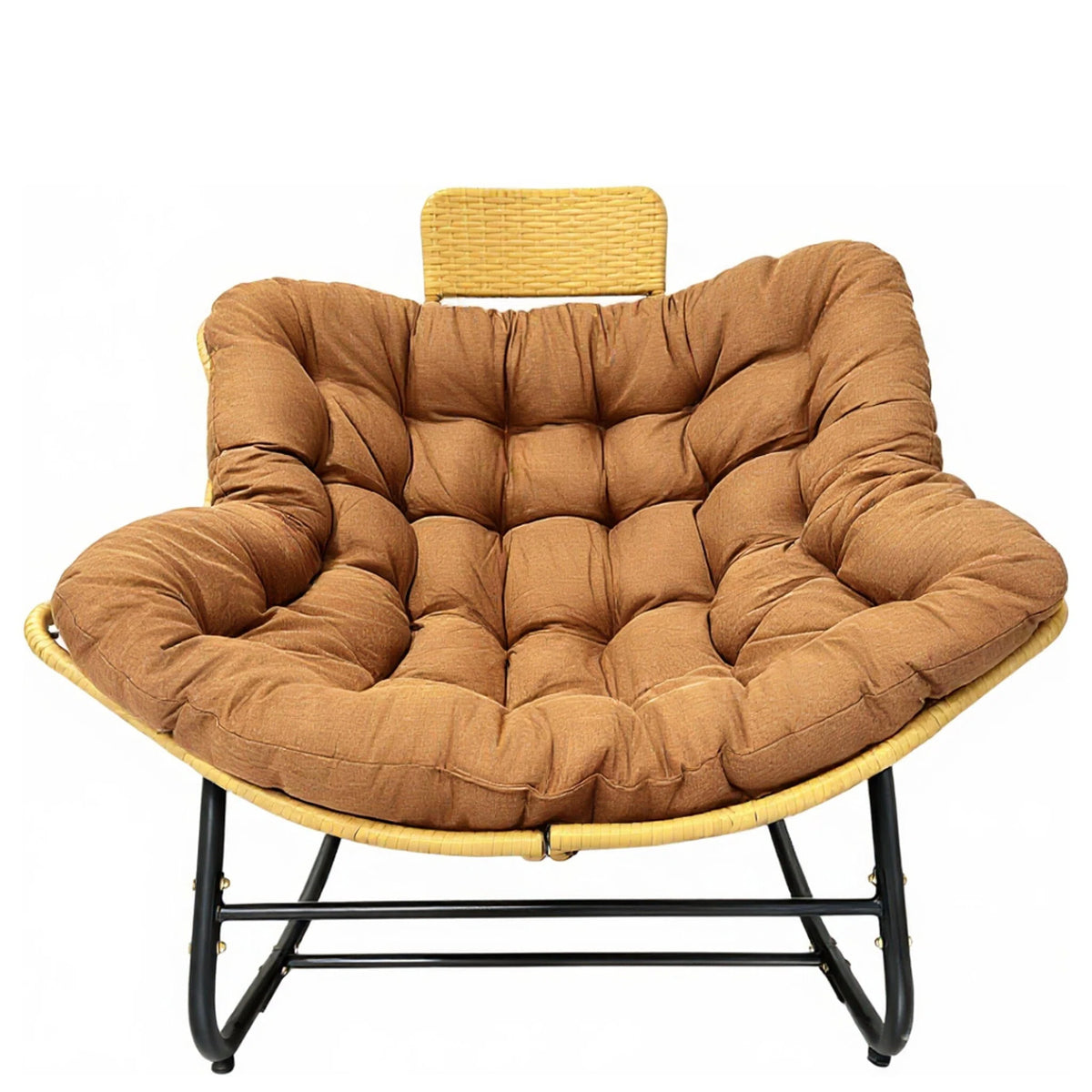 Oversized Papasan Rocking Chair Outdoor with Thick Cushion and Handwoven Rattan Head Pillow, Brown Wicker Lounge Rocker for Balcony, Porch, Garden, Indoor Use