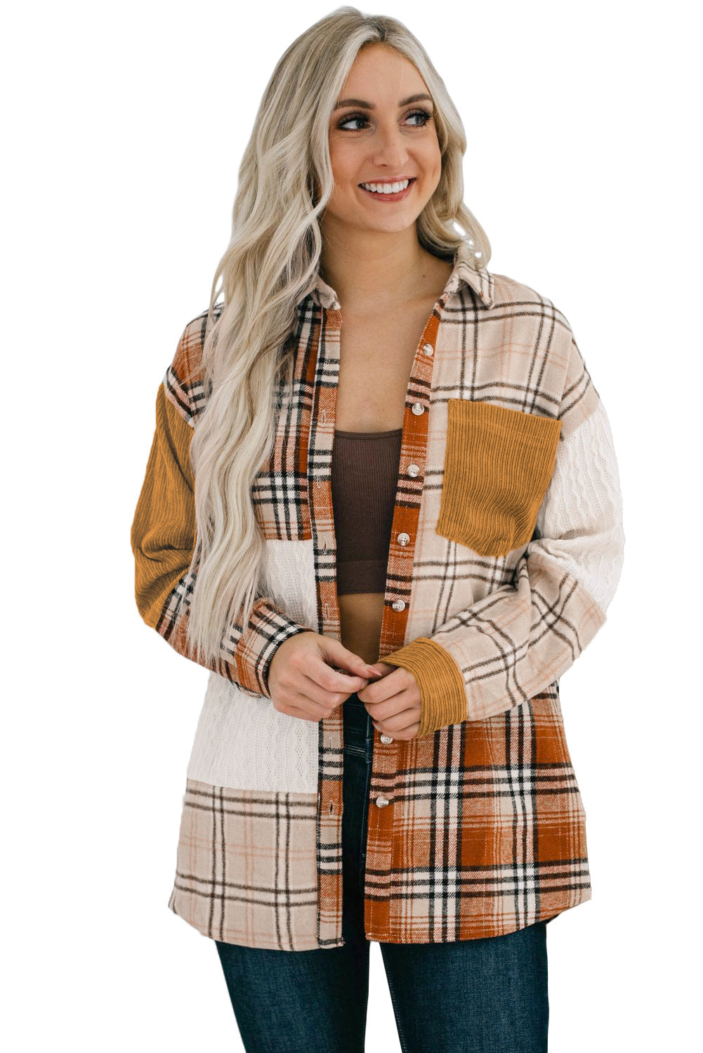 Wholesale Orange Plaid Color Block Patchwork Pocket Shirt Shacket - Eloy Royal