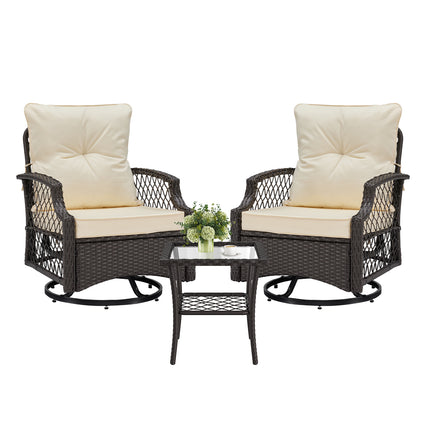 3-Piece Patio Furniture Set, Wicker Outdoor Bistro Set Swivel Glider Patio Chairs x 2 with Cushions, Side Table x 1, High Back All-Weather Rattan Outdoor Furniture for Porch, Backyard